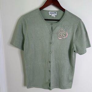 Vintage Pendleton Green Pink Silk Blend Embroidered Cardigan Size Large